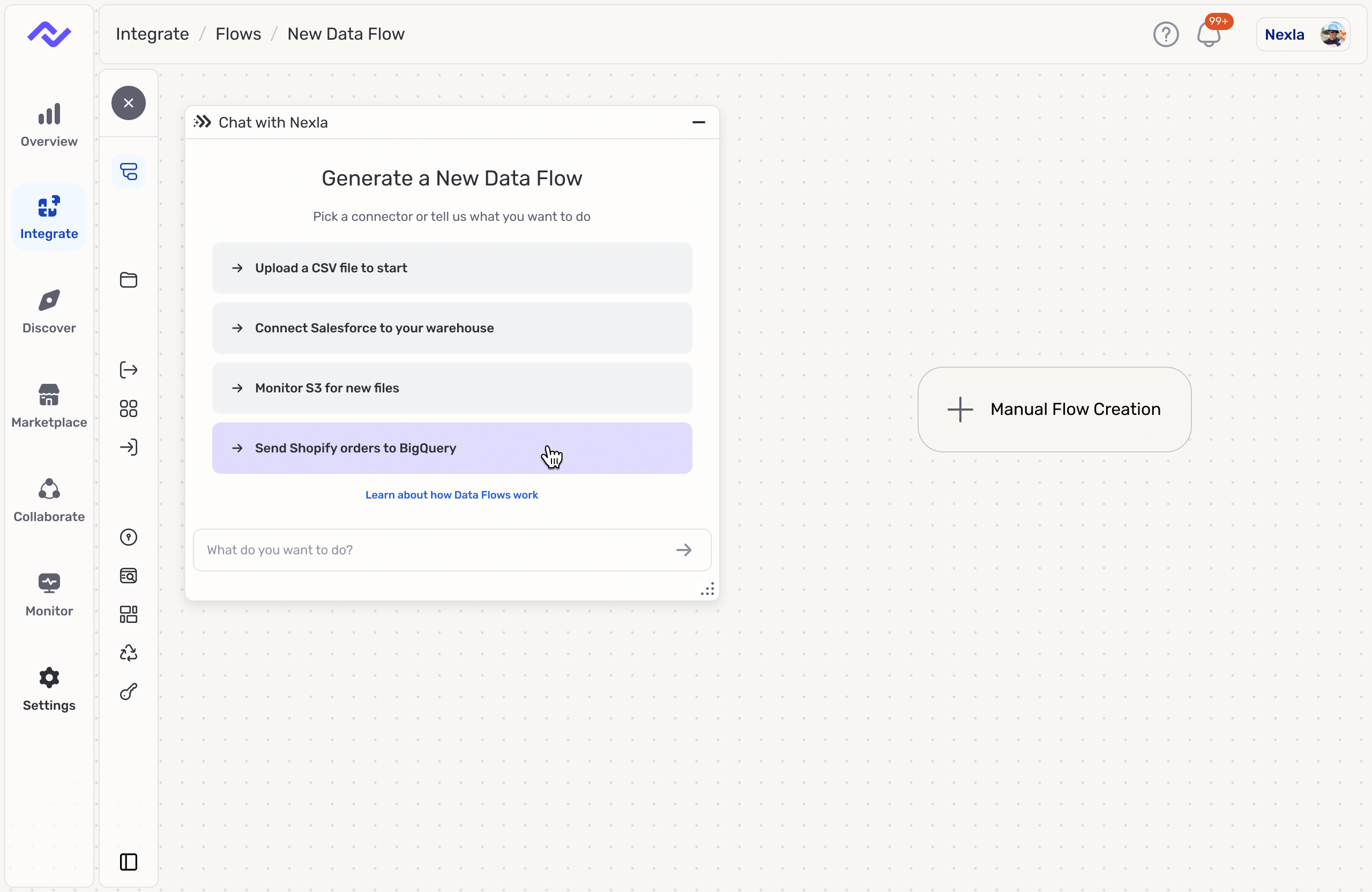 Nexla flow creation interface used to represent task-first onboarding improvements.