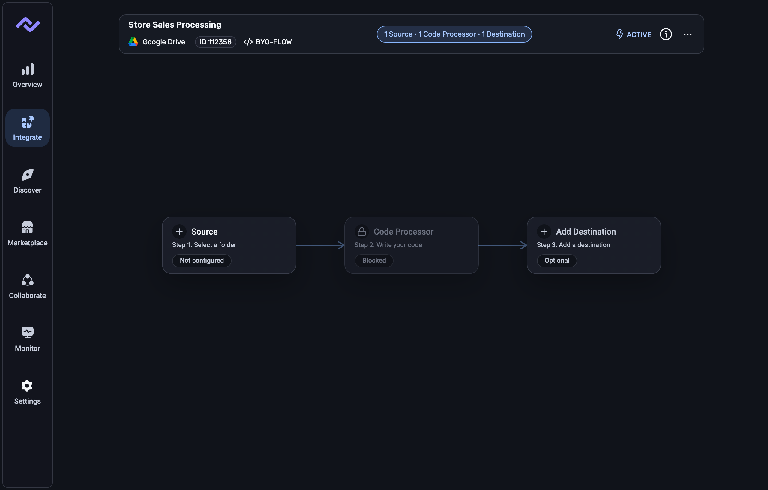 Custom code workflow scaffold showing source, processor, and destination setup