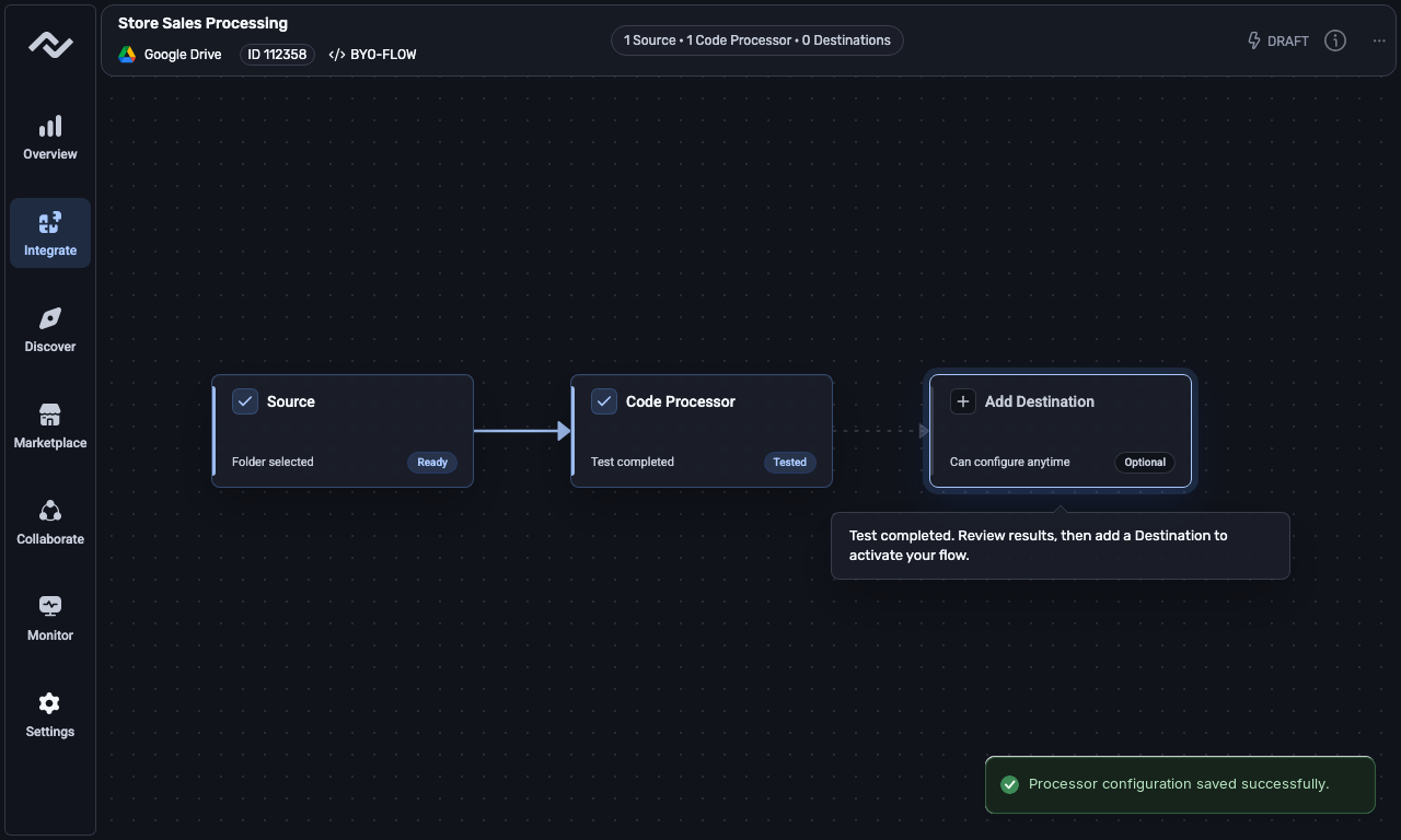 Validated custom-code workflow layered above code test results and source selection.
