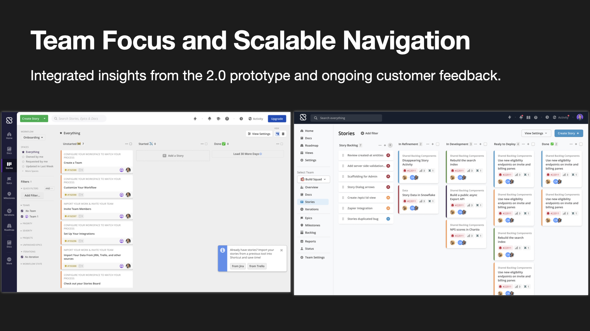 Shortcut slide showing team focus and scalable navigation with side-by-side product views