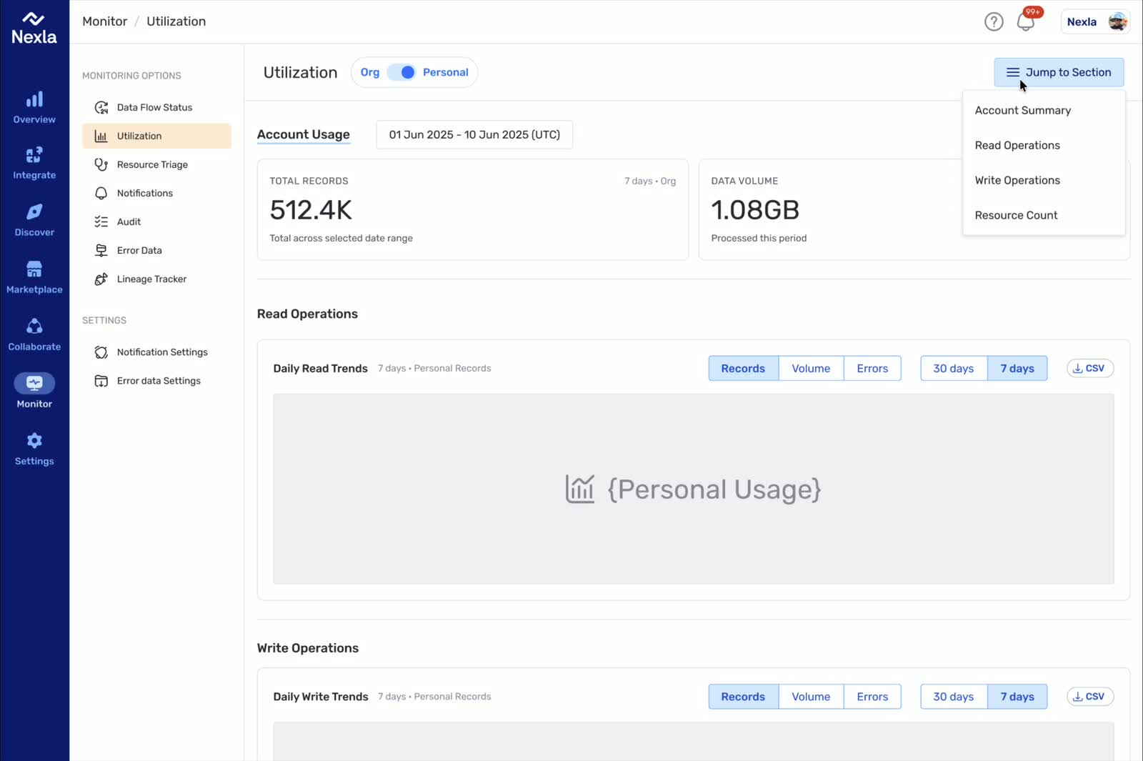 Redesigned overview page with the Jump to Section menu open to show scalable navigation across summary, read, write, and resource modules.