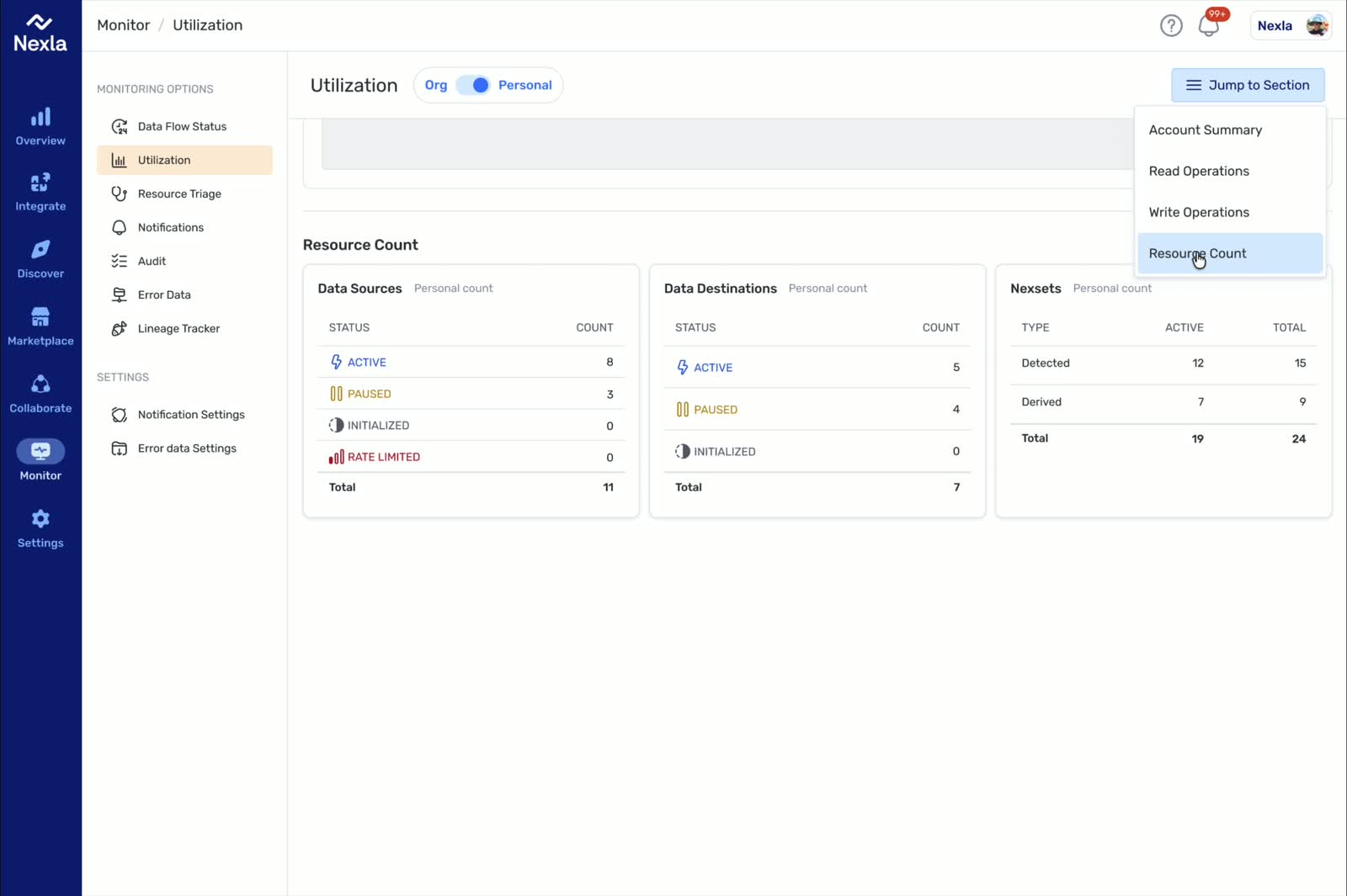 Redesigned overview page landing in the Resource Count section after section navigation, showing concrete destination-level detail for the new overview model.